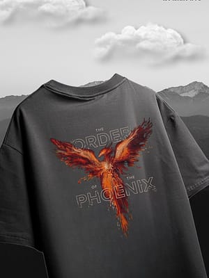 Dark gray t-shirt featuring a phoenix graphic with the text 'The Order of the Phoenix' on the back.